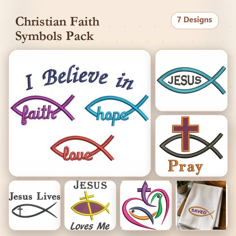 Christian Faith Symbols Embroidery Designs Bundle – I Believe in Faith, I Believe in Hope, Jesus & More (7 Designs)