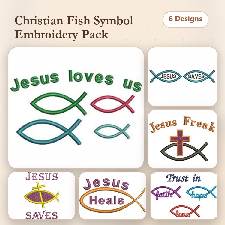 Christian Fish Symbol Embroidery Designs Bundle – Jesus Loves Us, Jesus Saves, Trust in Faith & More (6 Designs)