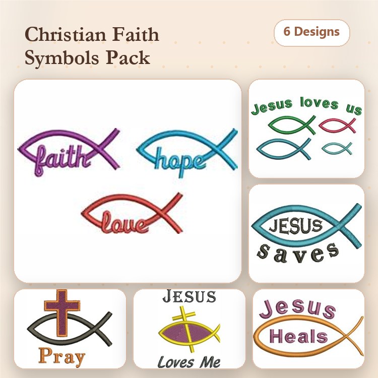 Christian Faith Symbols Embroidery Bundle – Faith, Hope, Love, Jesus Saves & More (6 Designs)