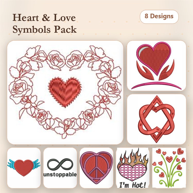 Redwork Heart & Love Symbols Embroidery Designs Bundle – Heart with Roses, Unstoppable Heart, Flame Heart & More (8 Designs)