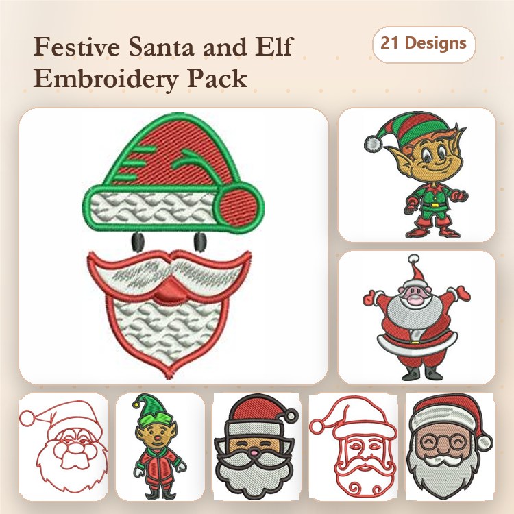 Santa & Elf Characters Embroidery Designs Bundle – Santa Claus Face, Smiling Santa, Happy Elf & More (21 Designs)