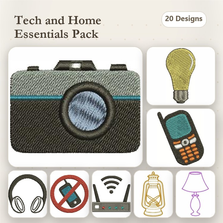 Tech and Home Essentials Embroidery Designs Bundle – Camera, Light Bulb, Old Mobile Phone & More (20 Designs)