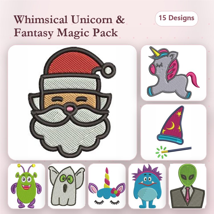 Unicorn & Fantasy Characters Embroidery Designs Bundle – Santa Unicorn, Magic Hat, Wand & More (15 Designs)