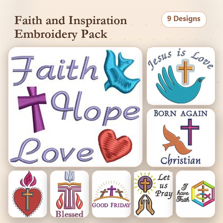 Faith and Inspiration Embroidery Designs Bundle – Faith Cross, Hope Dove, Love Heart & More (9 Designs)