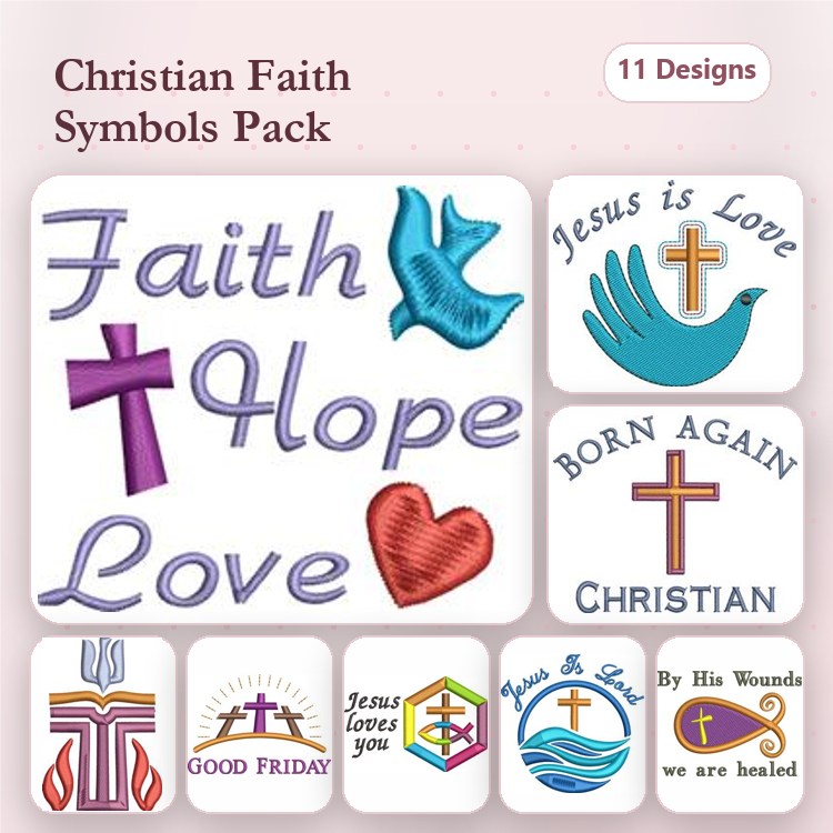 Christian Faith Symbols Embroidery Designs Bundle – Faith Cross, Hope Dove, Love Heart & More (11 Designs)