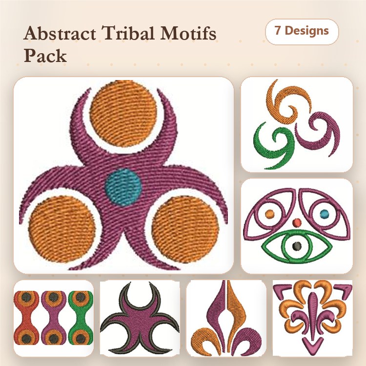 Abstract Tribal Motifs Embroidery Designs Bundle – Tribal Motif 1, Tribal Motif 2, Tribal Motif 3 & More (7 Designs)
