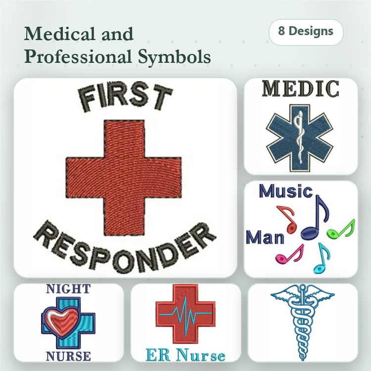 Medical and Professional Symbols Embroidery Designs Bundle – First Responder, Medic Symbol, Night Nurse & More (8 Designs)