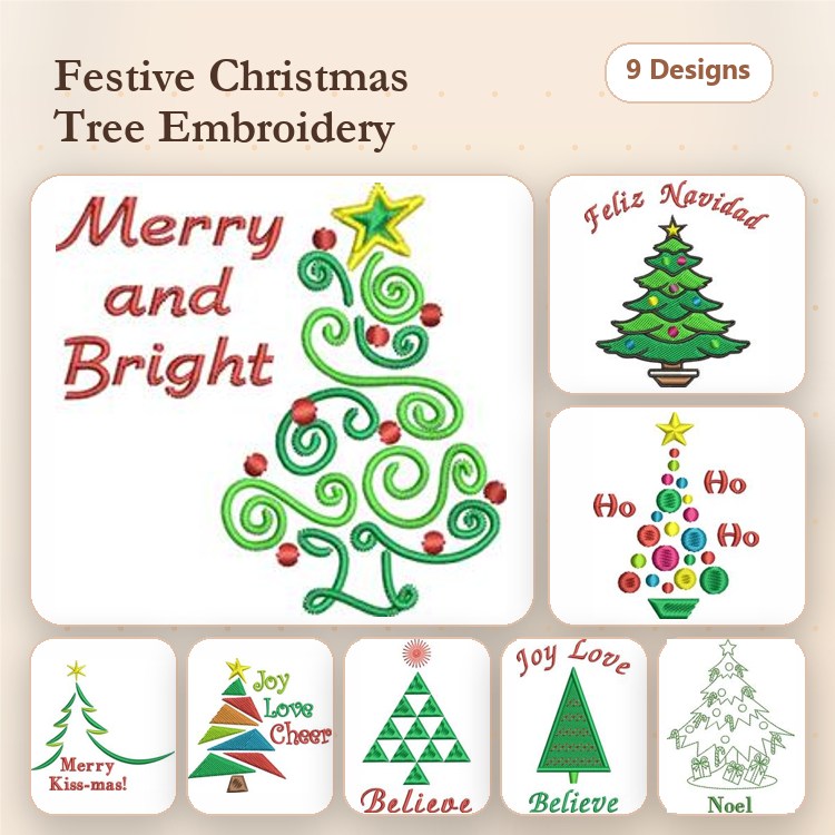 Festive Christmas Trees Embroidery Designs Bundle – Merry and Bright, Felix Navidad, Ho Ho Ho & More (9 Designs)