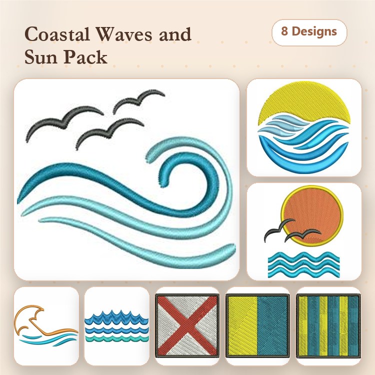 Coastal Waves & Sun Embroidery Designs Bundle – Coastal Wave with Birds, Sunset with Waves, Sailboat with Waves & More (8 Designs)