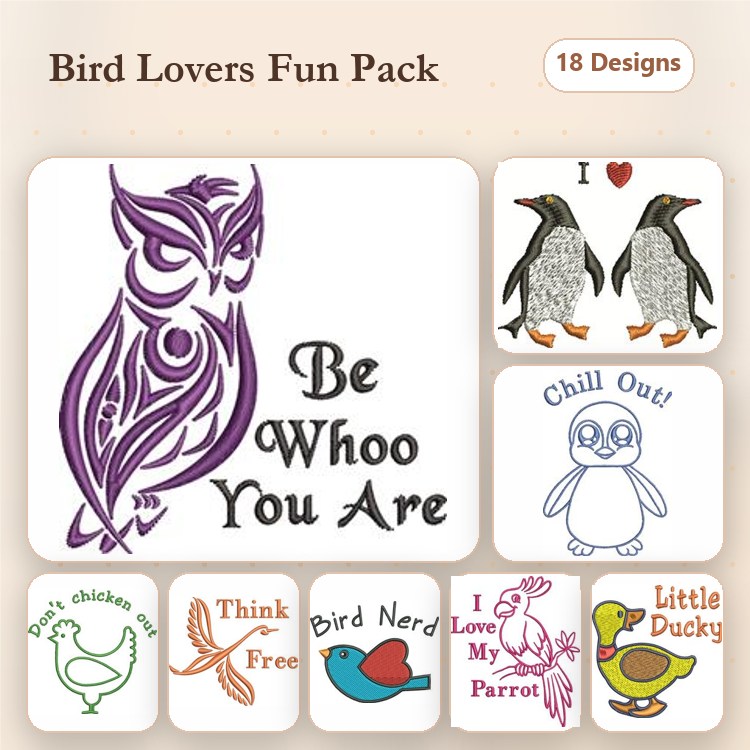 Bird-Themed Embroidery Designs Bundle – Owl, Penguin Couple, I Love My Parrot & More (18 Designs)
