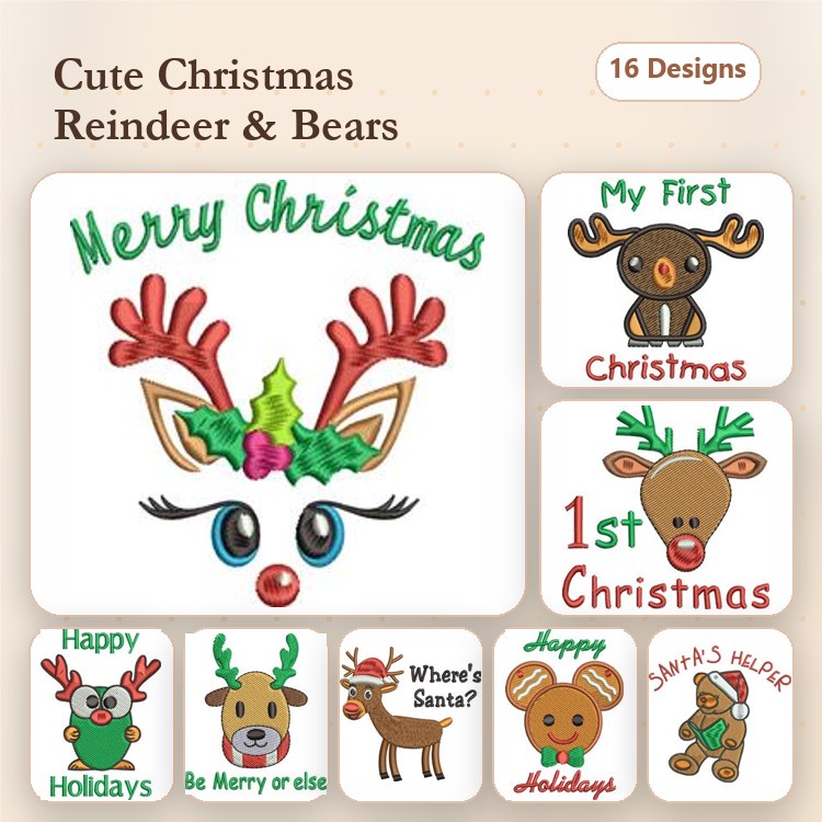 Christmas Reindeer & Bears Embroidery Designs Bundle – Reindeer with Holly, Bear with Antlers, Santa's Helper Bear & More (16 Designs)