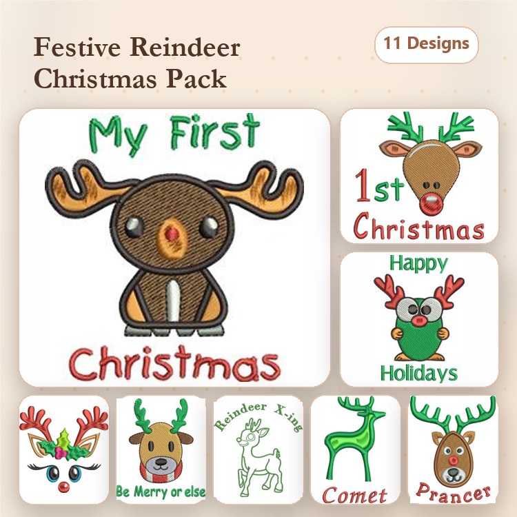 Festive Reindeer Christmas Embroidery Designs Bundle – My First Christmas, Reindeer Kisses, Happy Holidays & More (11 Designs)