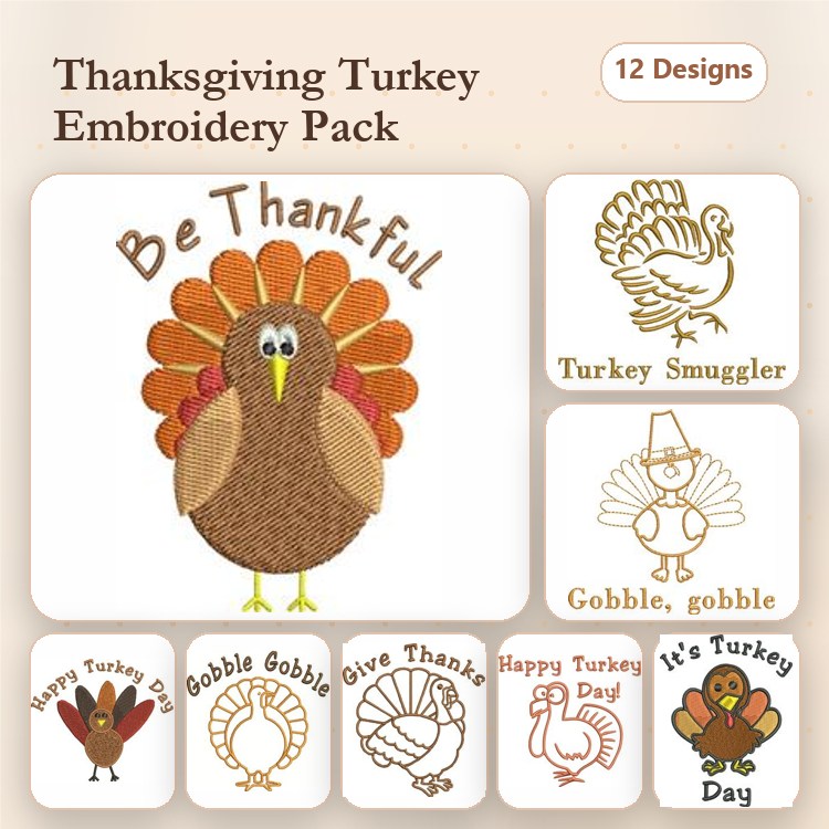 Thanksgiving Turkey Embroidery Designs Bundle – Gobble Gobble, Happy Turkey Day, Give Thanks & More (12 Designs)