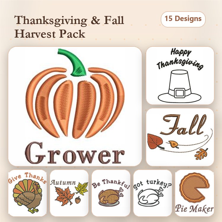Thanksgiving & Fall Harvest Embroidery Designs Bundle – Pumpkin, Thanksgiving Turkey, Gratitude & More (15 Designs)