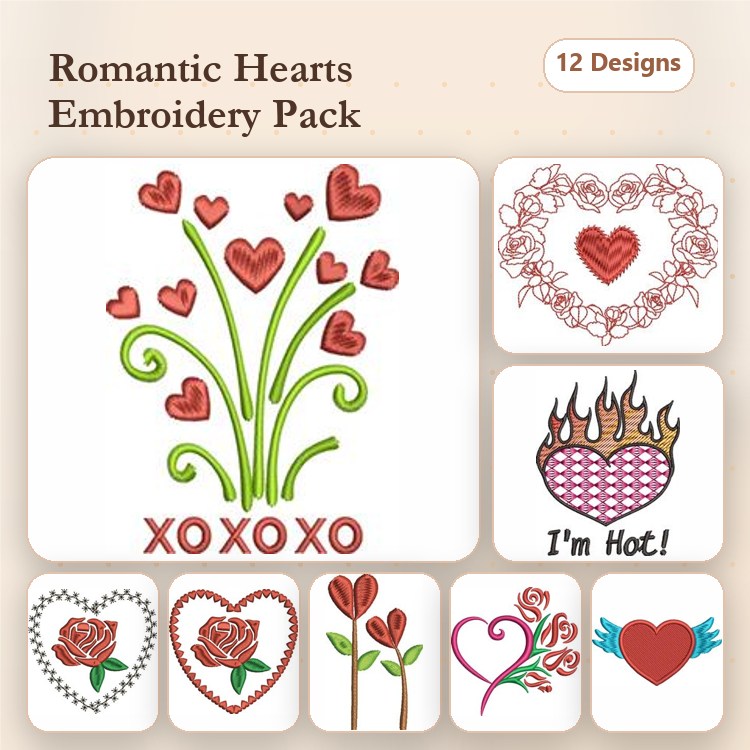 Romantic Hearts Embroidery Designs Bundle – Flowering Hearts, XOXO Hearts, Flame Heart & More (12 Designs)