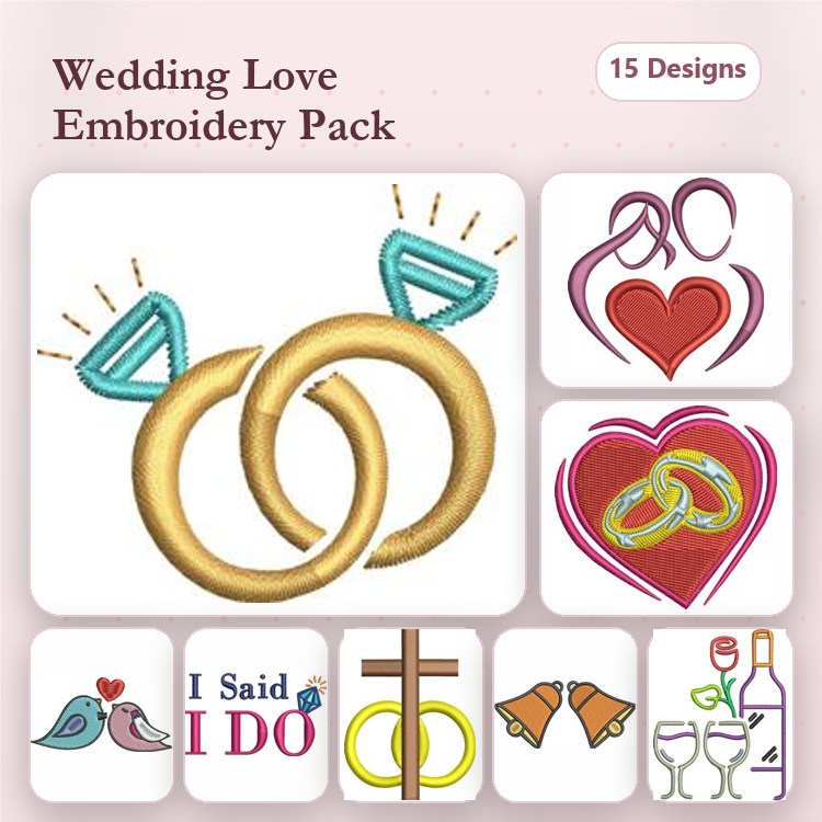 Wedding Love Embroidery Designs Bundle – Wedding Rings, Heart with Rings, Champagne Glasses & More (15 Designs)