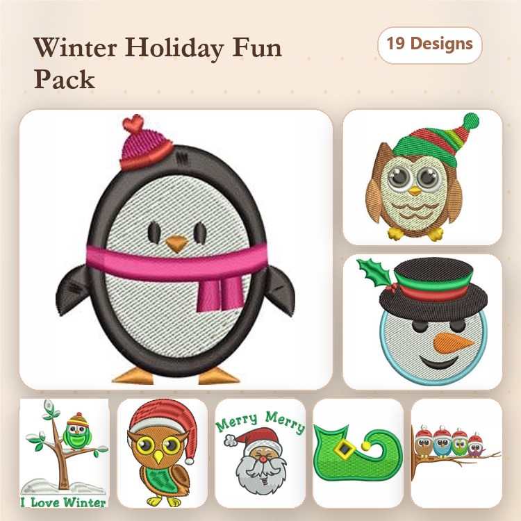 Winter Holiday Animals Embroidery Designs Bundle – Penguin, Owl, Snowman & More (19 Designs)