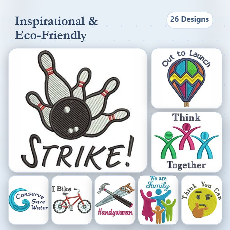 Inspirational & Eco-Friendly Embroidery Designs Bundle – Bowling Ball, Hot Air Balloon, Bicycle & More (26 Designs)