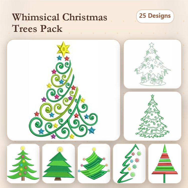 Christmas Tree Embroidery Designs Bundle – Decorative, Simple, Outlined & More (25 Designs)