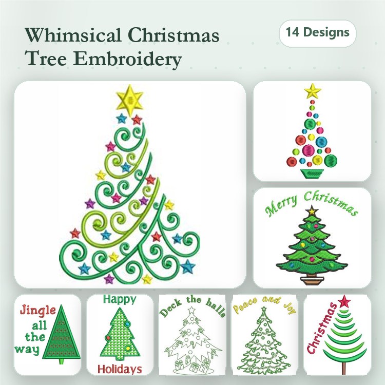 Christmas Tree Embroidery Designs Bundle – Whimsical, Colorful, Merry & More (14 Designs)
