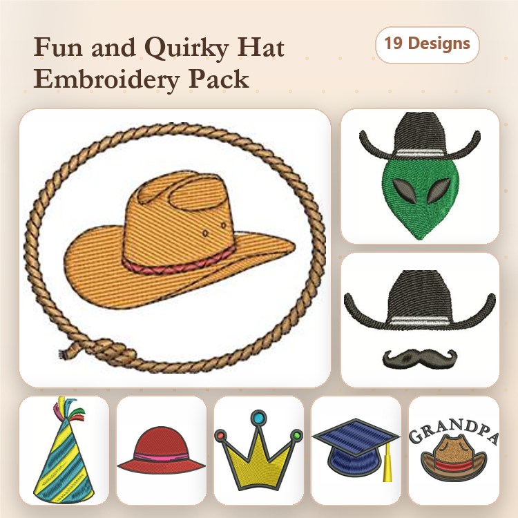 Fun Hat Embroidery Designs Bundle – Cowboy Hat, Alien Hat, Top Hat with Mustache & More (19 Designs)