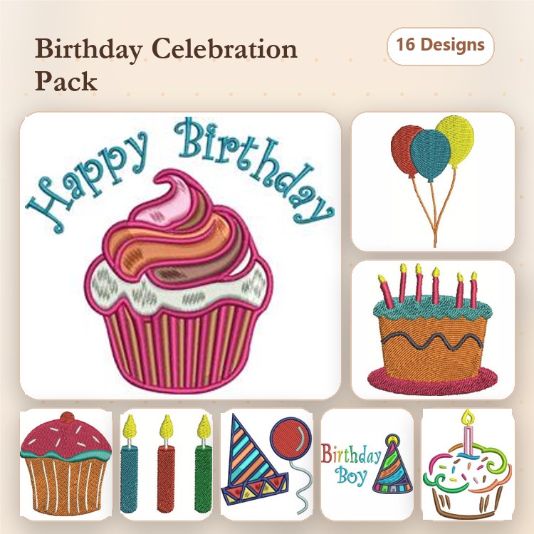 Birthday Celebration Embroidery Designs Bundle – Cupcake, Birthday Cake, Happy Birthday Text & More (16 Designs)