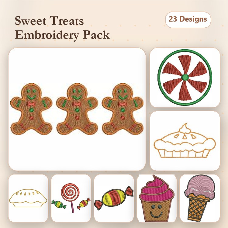 Sweet Treats Embroidery Designs Bundle – Gingerbread Man, Cupcake, Ice Cream Cone & More (23 Designs)