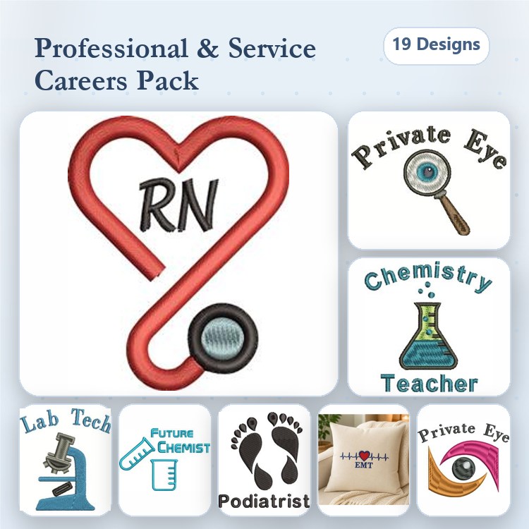 Career-Themed Embroidery Designs Bundle – RN Heart, Private Eye, Chemistry Teacher & More (19 Designs)