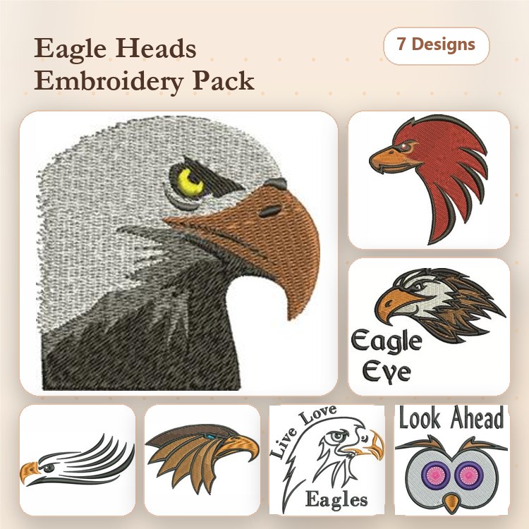 Eagle Heads Embroidery Designs Bundle – Bald Eagle Head, Red Hawk Head, Eagle Eye & More (7 Designs)
