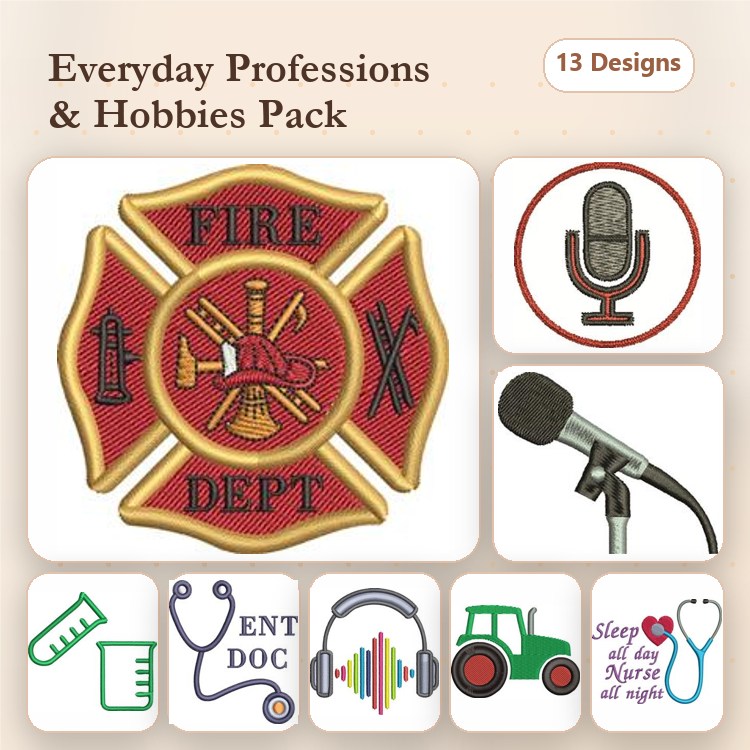 Everyday Professions & Hobbies Embroidery Designs Bundle – Fire Department Emblem, Microphone, ENT Doctor & More (13 Designs)