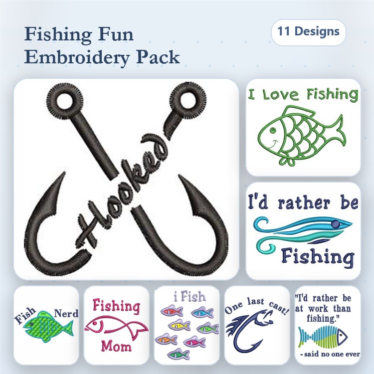 Fishing-themed Embroidery Designs Bundle – Hooked, I'd Rather Be Fishing, Fishing Mom & More (11 Designs)