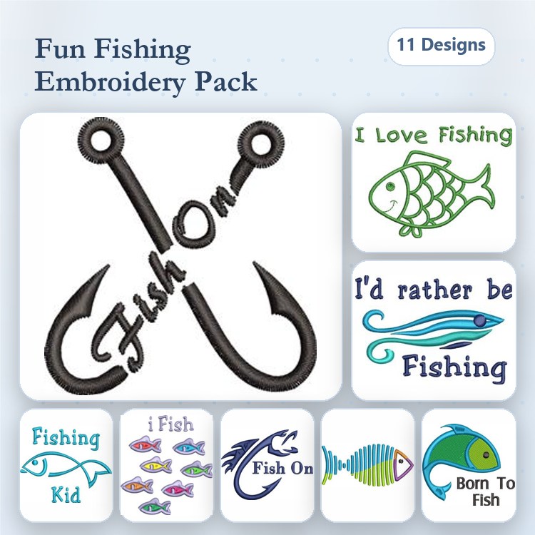 Fishing Fun Embroidery Designs Bundle – Fishing Hook with Text, I Love Fishing, Fish Illustration & More (11 Designs)