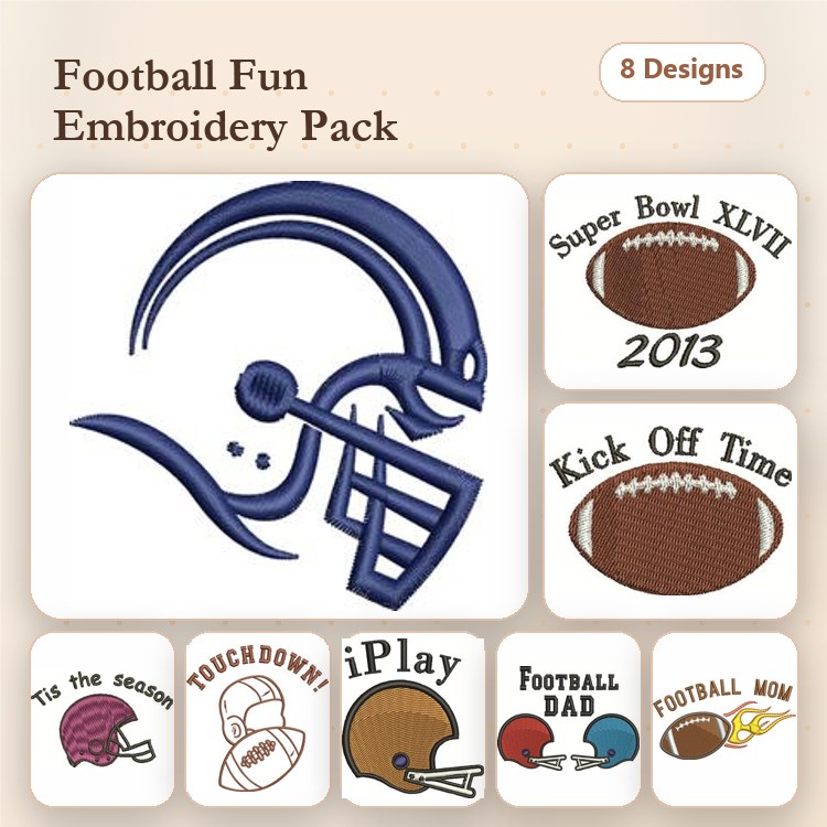 Football Embroidery Designs Bundle – Football Helmet, Super Bowl XLVII 2013, Kick Off Time & More (8 Designs)