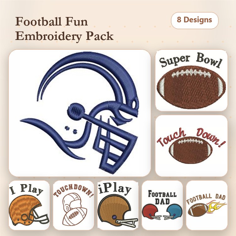 Football Embroidery Designs Bundle – Football Helmet, Touch Down, Super Bowl & More (8 Designs)