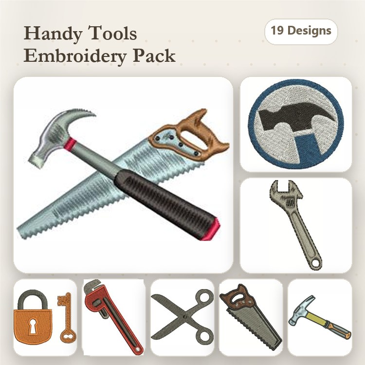 Handy Tools Embroidery Designs Bundle – Hammer, Saw, Wrench, Scissors & More (19 Designs)