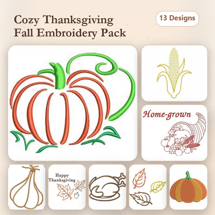 Thanksgiving & Fall Themes Embroidery Designs Bundle – Pumpkin, Turkey, Corn & More (13 Designs)