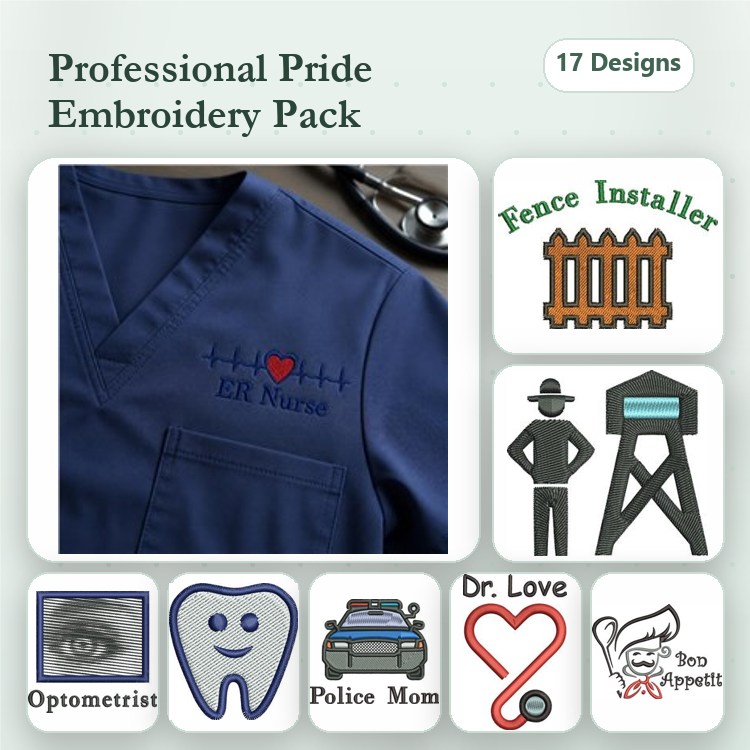 Professional Pride Embroidery Designs Bundle – ER Nurse, Optometrist, Police Mom, Dr. Love & More (17 Designs)
