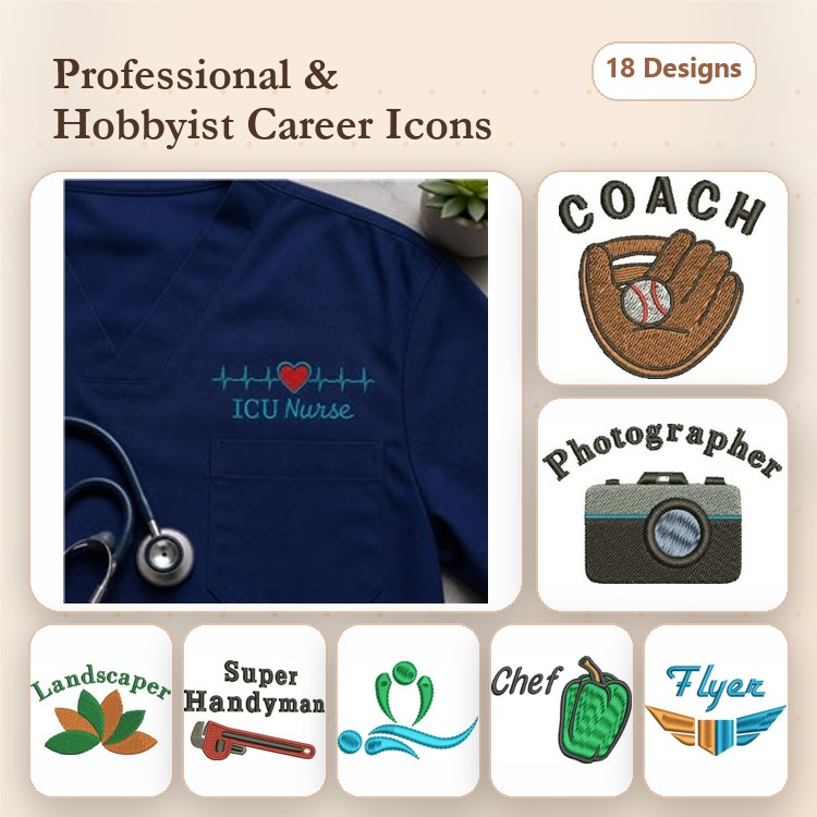 Career Icons Embroidery Designs Bundle – ICU Nurse, Coach Baseball, Photographer & More (18 Designs)