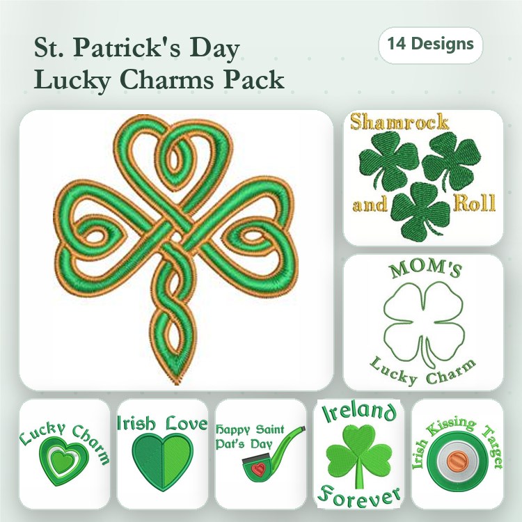 St. Patrick's Day Embroidery Designs Bundle – Shamrock, Lucky Charm, Irish Love & More (14 Designs)