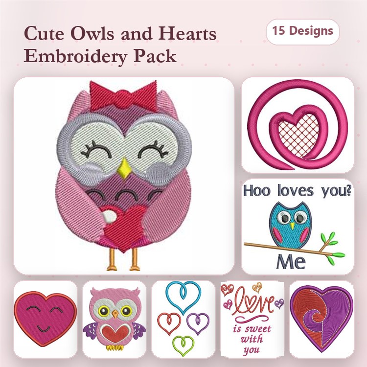 Cute Owl & Heart Embroidery Designs Bundle – Hoo Loves You?, Love is Sweet with You & More (15 Designs)
