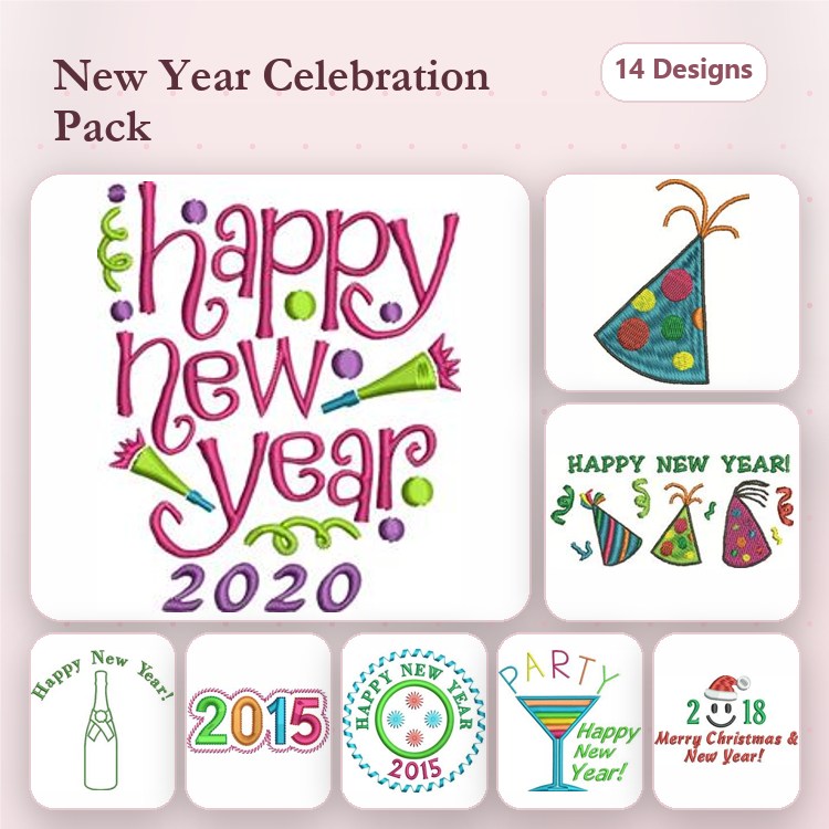 New Year Celebration Embroidery Designs Bundle – Happy New Year 2020, New Year Party Hat, & More (14 Designs)