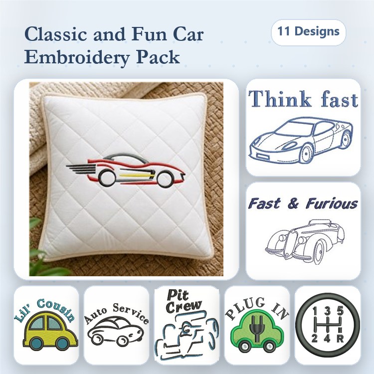 Cars & Automotive Embroidery Designs Bundle – Classic Car, Sports Car, Race Car & More (11 Designs)