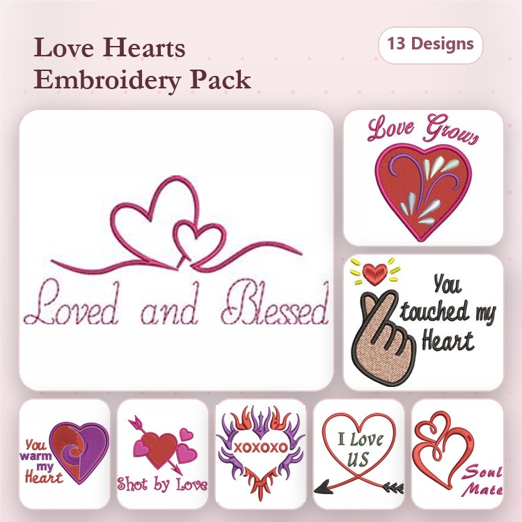 Redwork Love & Hearts Embroidery Designs Bundle – Love Grows, XOXO, You Touched My Heart & More (13 Designs)