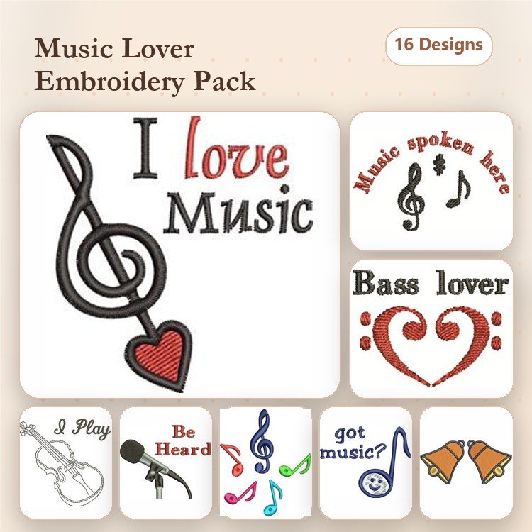 Music Embroidery Designs Bundle – I Love Music, Bass Lover, Treble Clef & More (16 Designs)