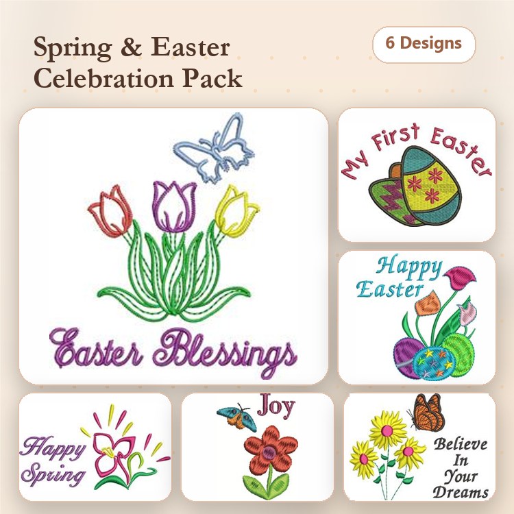 Spring & Easter Embroidery Designs Bundle – Easter Blessings, My First Easter, Happy Spring & More (6 Designs)