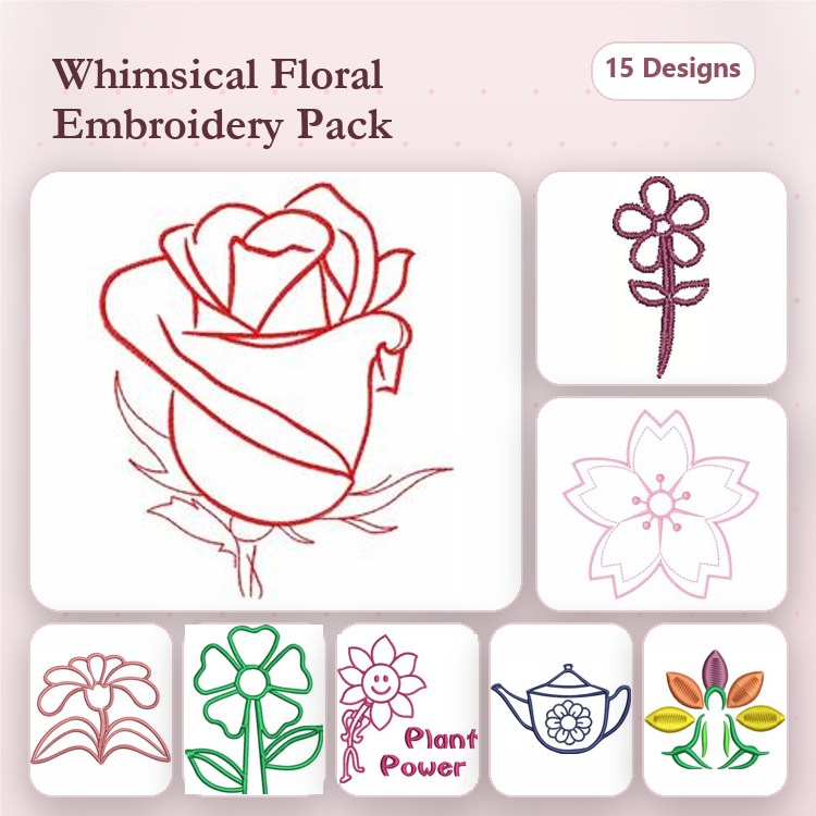 Redwork Floral Embroidery Designs Bundle – Red Rose, Flower Bouquet, Single Flower & More (15 Designs)