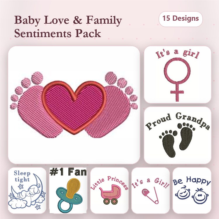 Baby and Family Sentiments Embroidery Designs Bundle – Baby Feet with Heart, It's a Girl, Proud Grandpa & More (15 Designs)