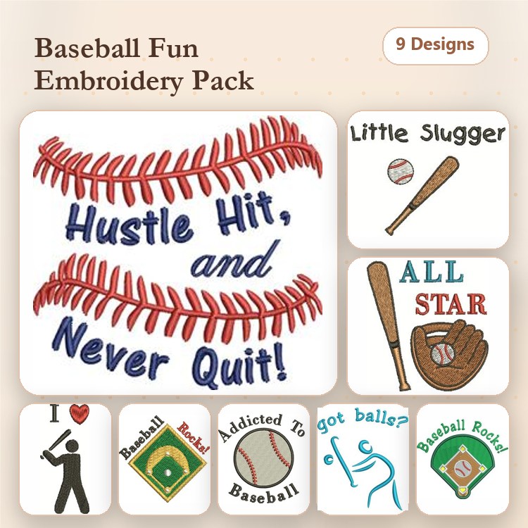 Baseball Embroidery Designs Bundle – Little Slugger, Hustle Hit and Never Quit, Baseball Glove & More (9 Designs)