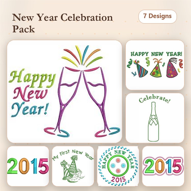 New Year Celebrations Embroidery Designs Bundle – Champagne Glasses, Happy New Year, Party Hats & More (7 Designs)