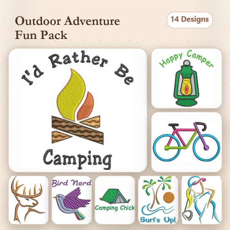 Outdoor Adventure Embroidery Designs Bundle – I'd Rather Be Camping, Happy Camper, Bicycle & More (14 Designs)